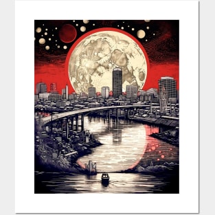 Full Sturgeon and Blue Moon Over Portland, Oregon on a Dark Background Posters and Art